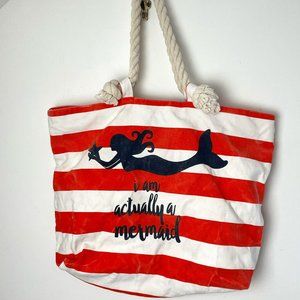 Canvas Striped Tote "I am Actually A Mermaid"
